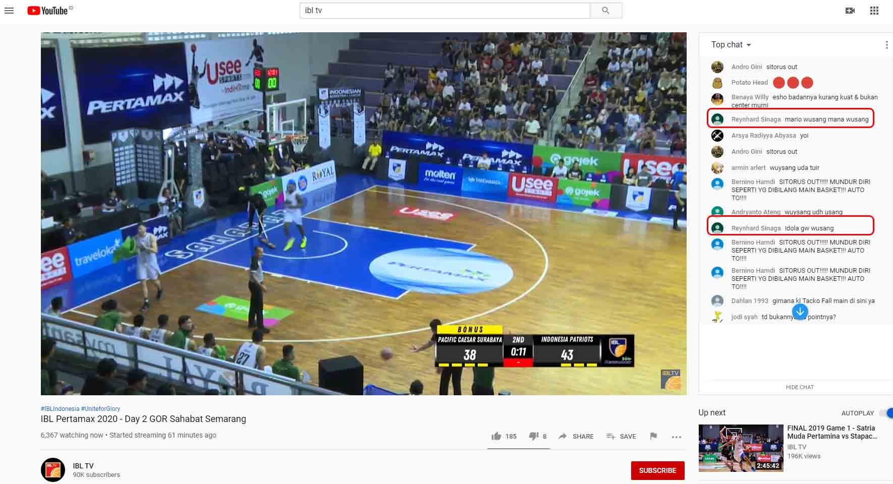 Reynhard Sinaga saksikan IBL TV pada pertandingan Pacific Caesar Surabaya vs Indonesia Patriots.jpg Copyright: Youtube IBL