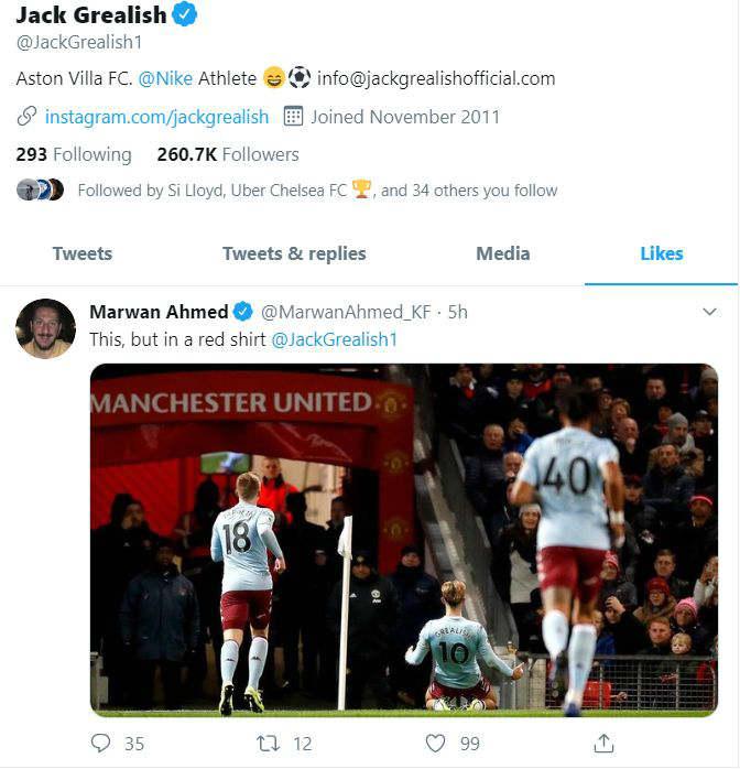 Jack Grealish kirim kode ke Manchester United. Copyright: Twitter