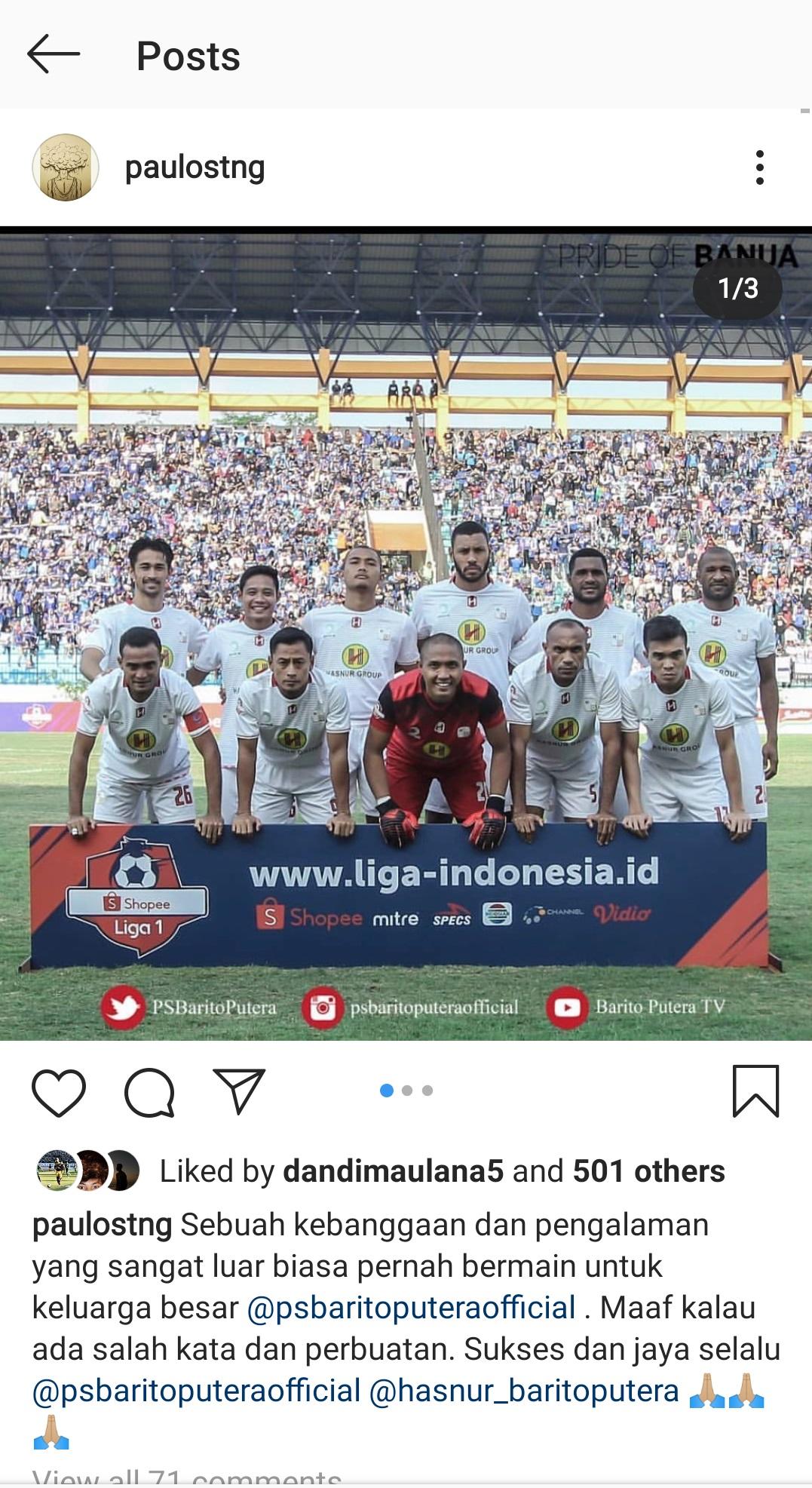 Paulo Sitanggang ucapkan perpisahan kepada klub Liga 1, Barito Putera. Copyright: Instagram/@paulostng