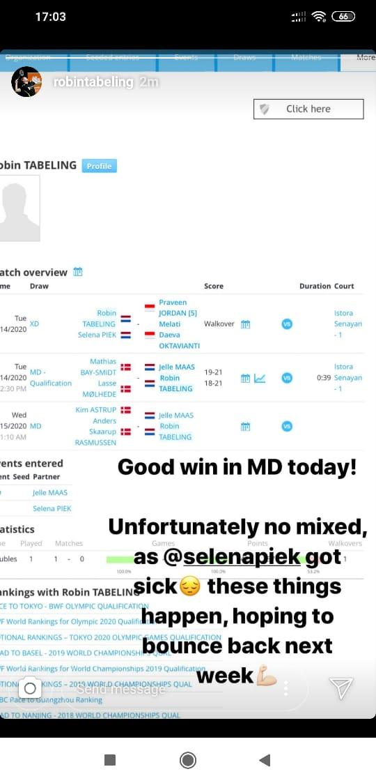 Selena Piek dikonfirmasi sakit dan mundur jelang laga melawan Praveen/Melati Copyright: instagram.com/robintabeling