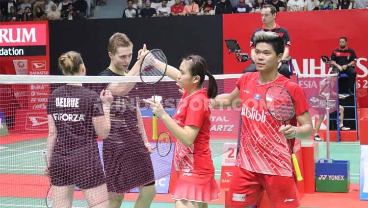 Ganda campuran Prancis, Thom Gicquel/Delphine Delrue, kalahkan Praveen Jordan/Melati Daeva Oktavianti di perempatfinal Indonesia Masters 2020, Jumat (17/01/20). Copyright: Theresia Ruth Simanjuntak/INDOSPORT