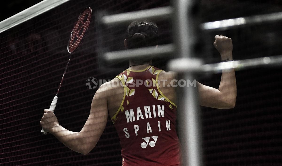 Pebulutangkis Spanyol, Carolina Marin mengalahkan pebulutangkis Korea, An Se-young pada babak perempatfinal Indonesia Masters 2020 di Istora Senayan, Jakarta, (17/01/20).