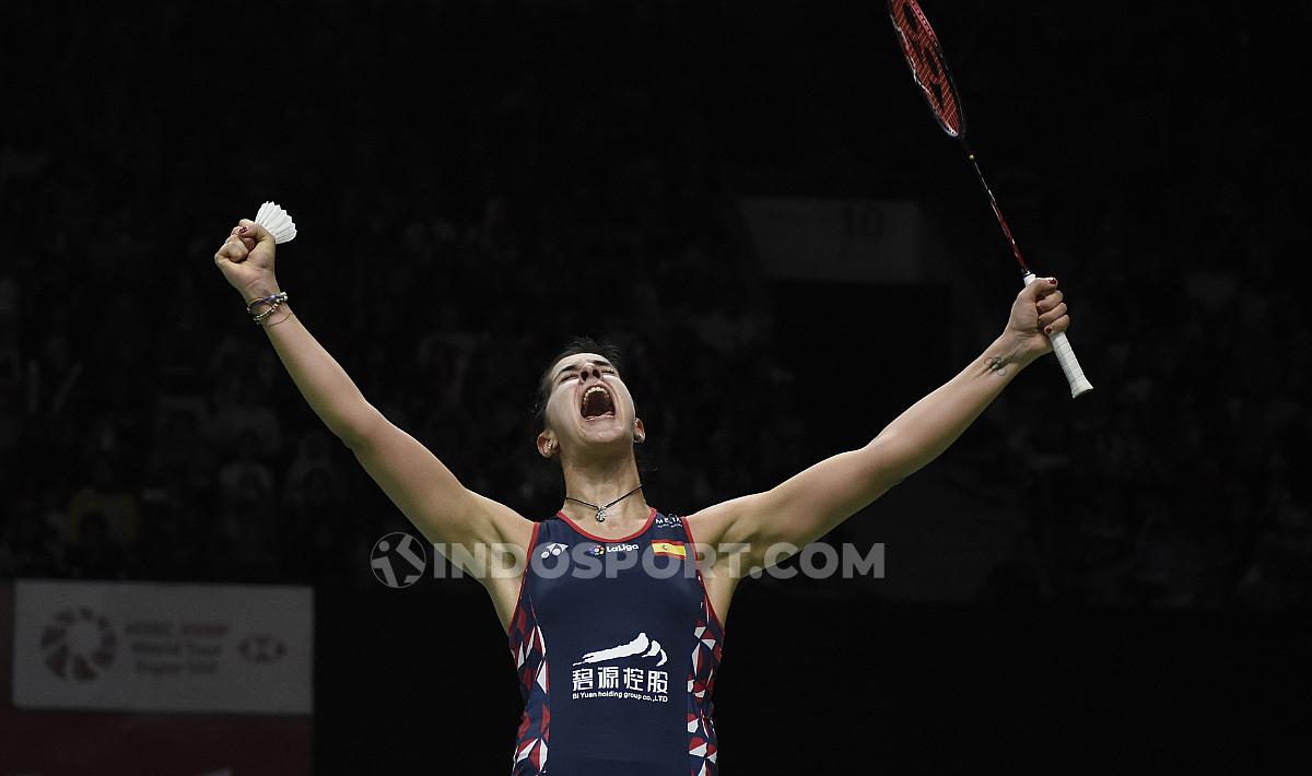 Ekspresi bahagia pebulutangkis Spanyol, Carolina Marin usai berhasil memastikan tiket ke final Indonesia Masters 2020.