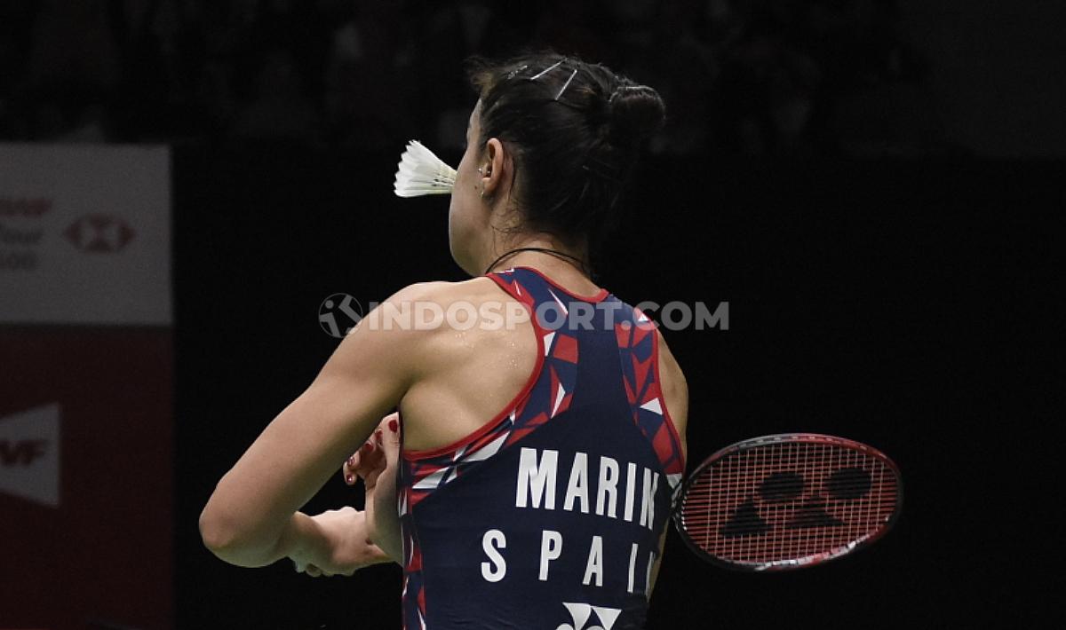 Wajah Carolina Marin sempat terkena bola pukulan He Bing Jiao di babak semifinal Indonesia Masters 2020.