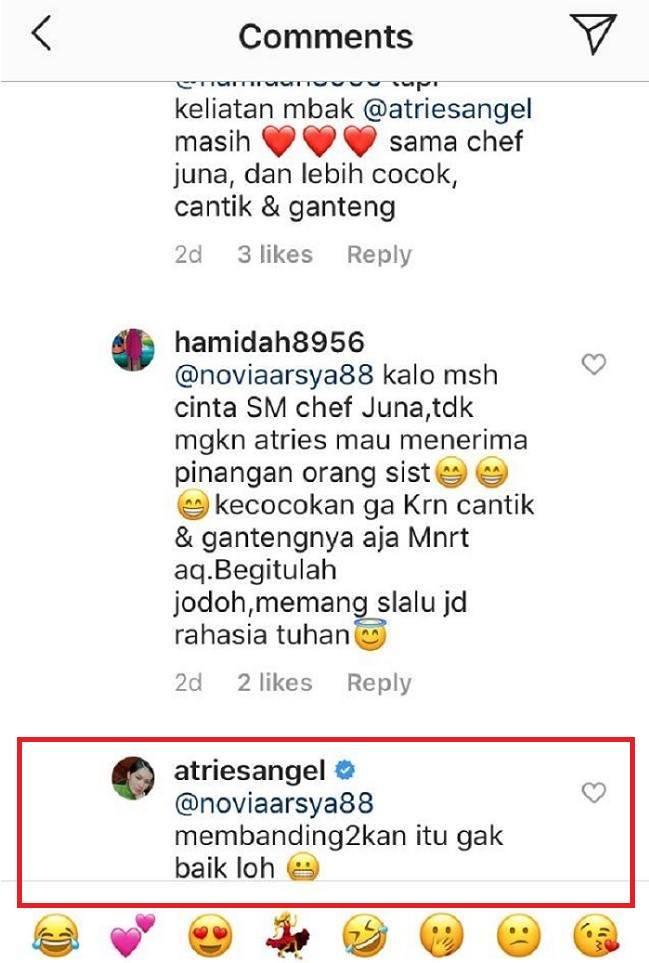 Tanggapan Atries Angel saat sang calon suami dibandingkan dengan Chef Juna. Copyright: Instagram @atriesangel