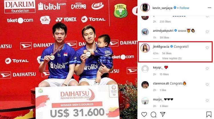 Ucapan Shania Gracia JKT48 untuk Kevin Sanjaya Sukamuljo ketika memenangkan Indonesia Masters 2020. Copyright: Instagram @kevin_sanjaya