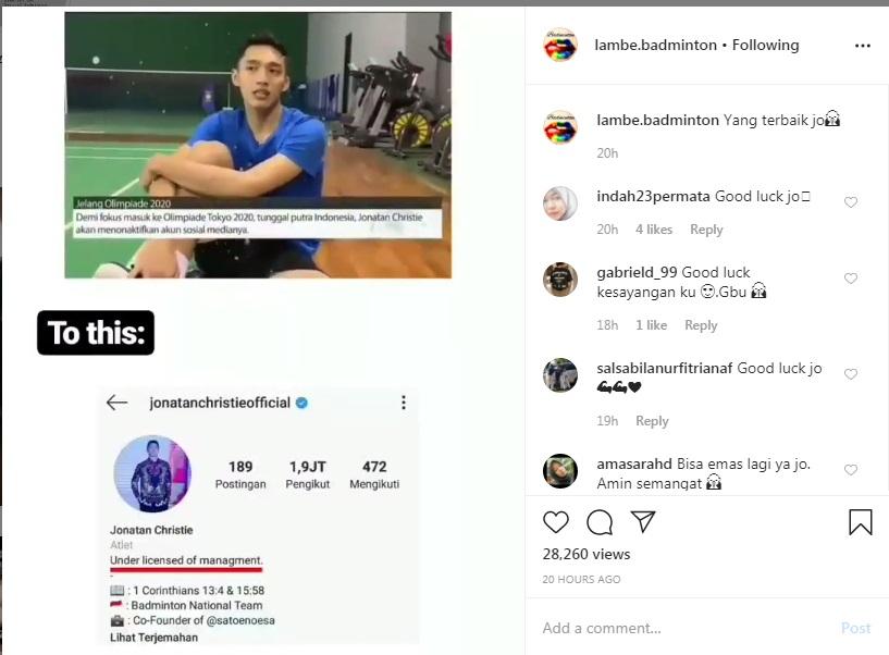 Jonatan Christiepiluh berhenti sementara menggunakan Instagram. Copyright: Lambe Badminton