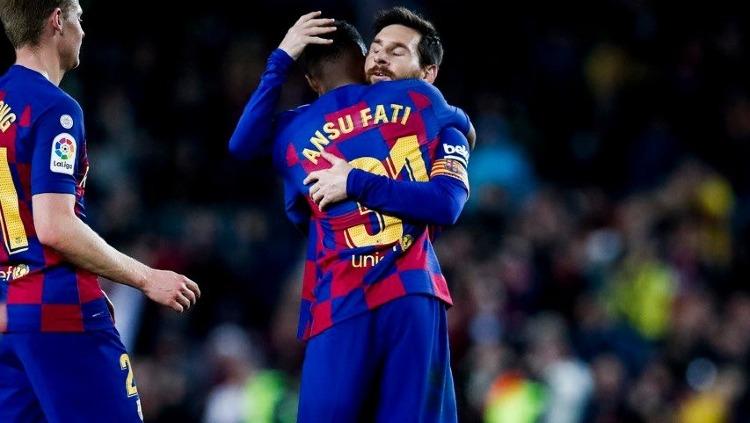 Lionel Messi dan Ansu Fati merayakan gol dalam pertandingan LaLiga Spanyol antara Barcelona vs Levante, Senin (03/02/20) dini hari WIB. Copyright: fcbarcelona.com