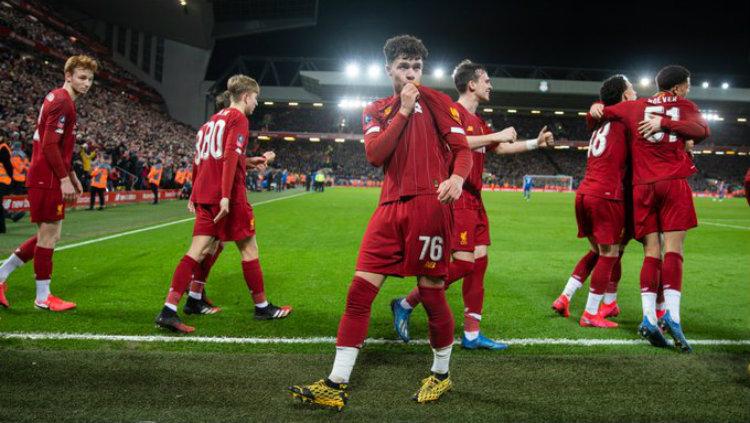 Selebrasi pemain Liverpool dalam pertandingan ulang putaran keempat Piala FA 2019/20 kontra Shrewsbury, Rabu (05/02/20).