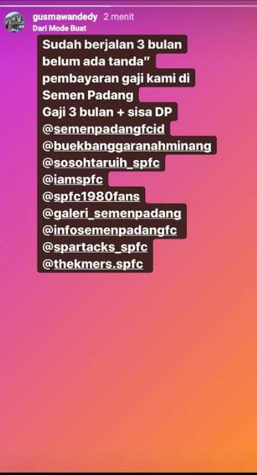 Unggahan cerita instagram Dedy Gusmawan, pemain klub Liga 1, PSM Makassar. Copyright: Instagram Dedy Gusmawan