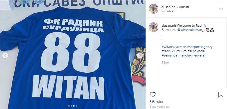 Unggahan Dusan Bogdanovic soal nomor punggung Witan Sulaeman di FK Radnik. Copyright: Instagram