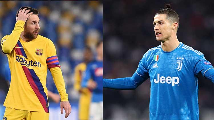 Pemain Barcelona, Lionel Messi (kiri) dan Cristiano Ronaldo, pemain Juventus memiliki jumlah gol yang sama hingga leg pertama babak 16 besar Liga Champions 2019-2020. - INDOSPORT