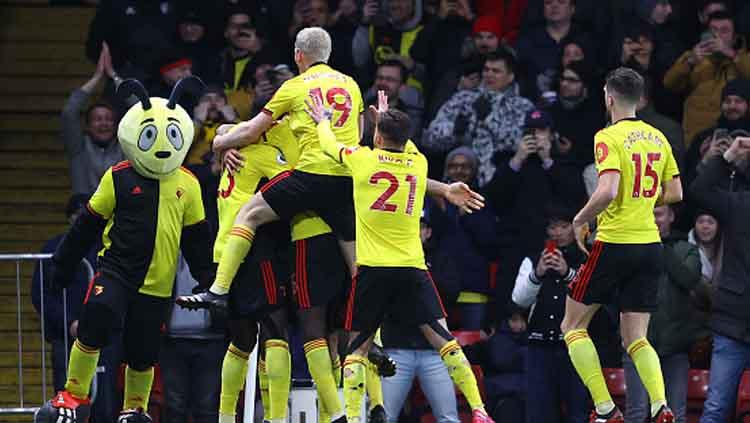 Selebrasi para pemain Watford usai menenggelamkan Liverpool dengan skor 3-0 dalam pertandingan Liga Inggris 2019-2020 pekan ke-28 di Vicarage Road.