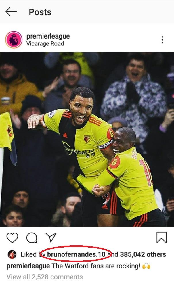 Gelandang klub Liga Inggris Manchester United, Bruno Fernandes, menyukai postingan tentang kekalahan Liverpool dari Watford. Copyright: Instagram
