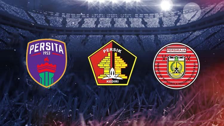 Logo Persita Tangerang (kiri), Persik Kediri (tengah), dan Persiraja Banda Aceh (kanan). Copyright: Twitter/@Liga1Match/Wikipedia