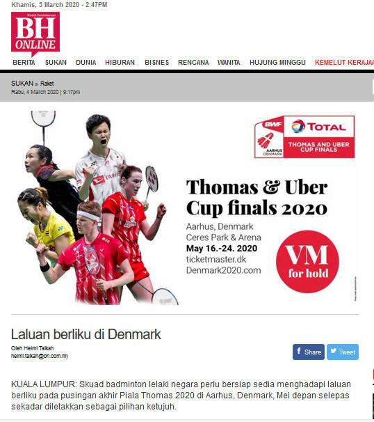 Media Malaysia soroti Piala Thomas dan Uber. Copyright: BH Online