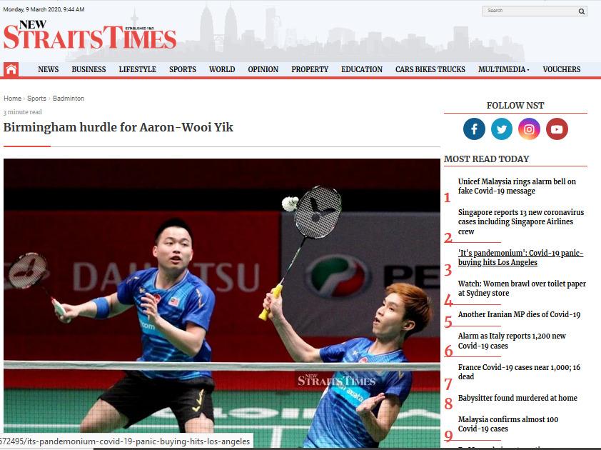 Pasangan ganda putra Malaysia, Aaron ChiaSoh Wooi Yik Copyright: The Strait Times