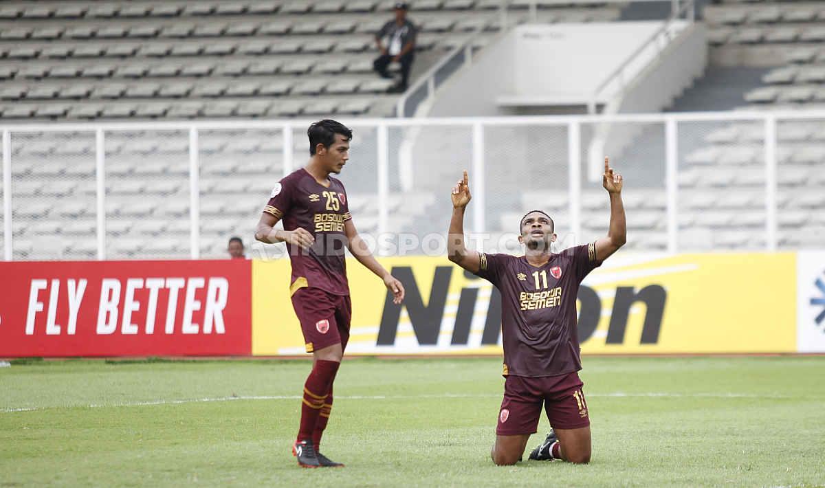 Selebrasi pemain PSM Makassar, Osas Saha dalam laga Piala AFC 2020 kontra Kaya FC.
