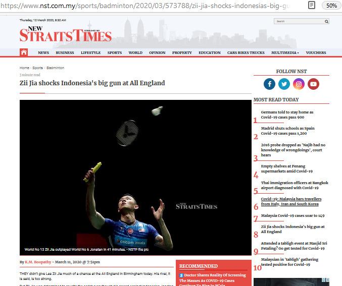 Media Malaysia puji pebulutangkis tunggal putra Lee Zii Zia usai menangi laga perdana All England 2020. Copyright: New Straits Times