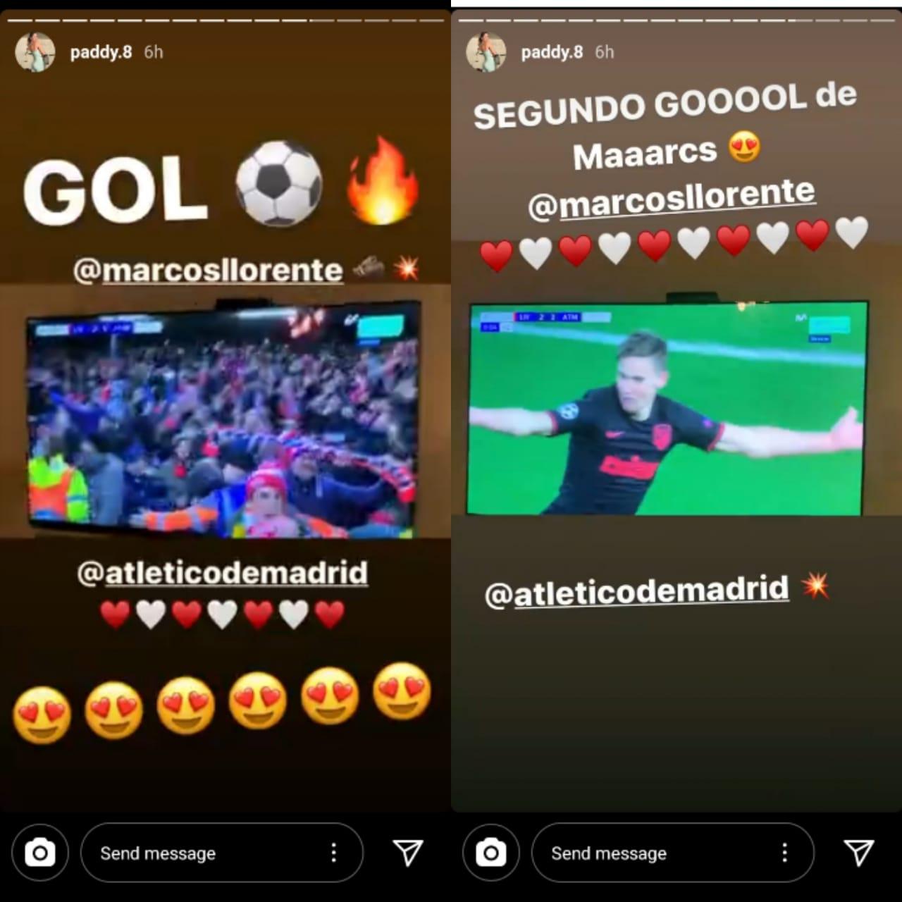 Patricia Neorba mengunggah Story untuk merayakan dua gol yang dicetak kekasihnya, Marcos Llorente ke gawang Liverpool di ajang Liga Champions. Copyright: Instagram/ Paddy