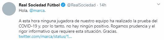 Klub LaLiga Spanyol, Real Sociedad, menegur salah satu media yang memberitakan pemain mereka kena virus Corona. Copyright: Twitter @RealSociedad