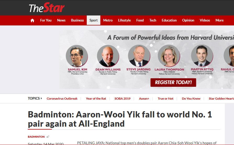 Media Malaysia kembali kembali menyindir pasangan Aaron Chia/Soh Wooi Yik menyusul kekalahan dari Kevin Sanjaya/Marcus Gideon di perempat final All England 2020. Copyright: The Star