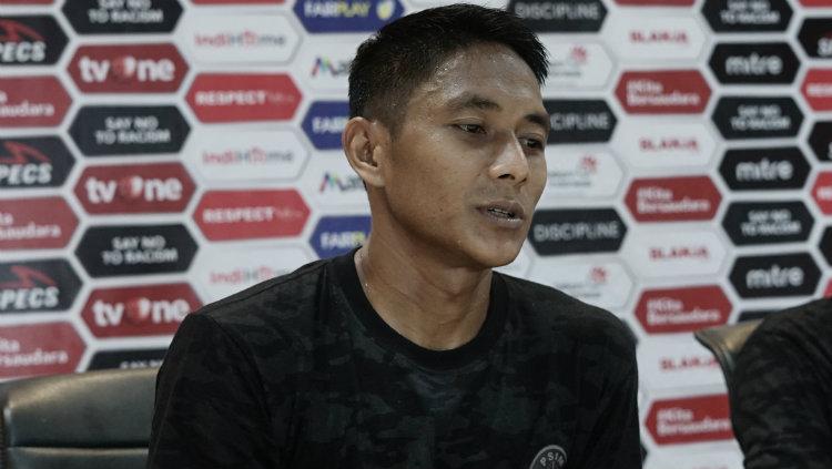 Pemain PSIM Yogyakarta, Purwaka Yudhi dalam konferensi pers jelang laga Liga 2 melawan Sriwijaya FC.