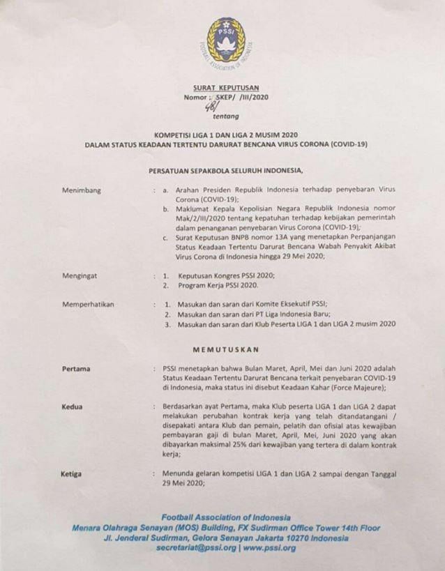 Surat edaran PSSI soal penundaan Liga Indonesia. Copyright: PSSI