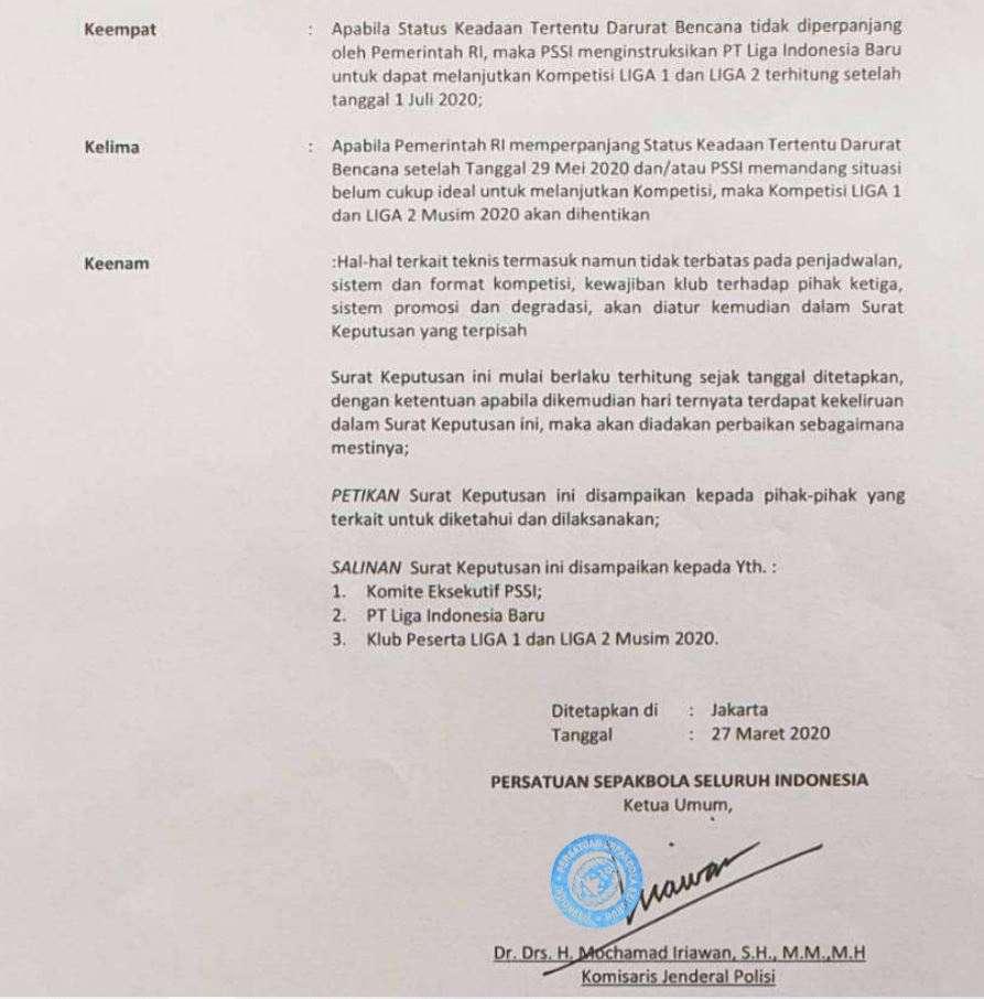Surat edaran PSSI soal penundaan Liga Indonesia. Copyright: PSSI
