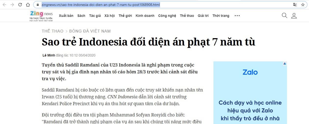 Pemberitaan media Vietnam tentang Saddil Ramdani Copyright: ZIngnews.vn