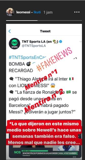 Messi komentari salah satu berita yang menyebutnya akan hengkang ke Inter Milan. Copyright: https://www.instagram.com/leomessi/