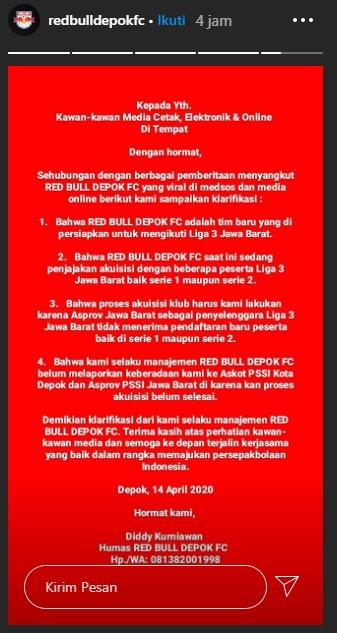 Klarifikasi RedBull Depok FC Copyright: instagram.com/redbulldepokfc/