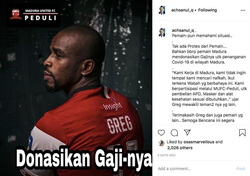 Bos Madura United menyarankan para pemainnya memberikan donasi Copyright: Instagram