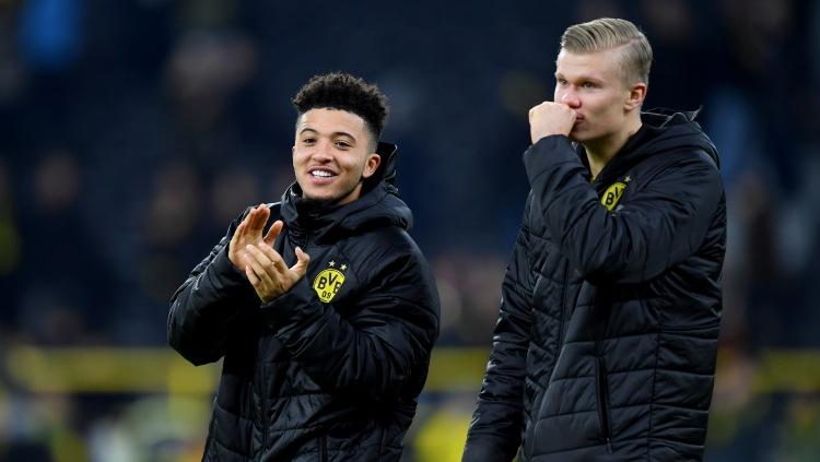 Jadon Sancho (kiri) dan Erling Haaland, dua bintang klub Bundesliga Jerman, Borussia Dortmund. - INDOSPORT