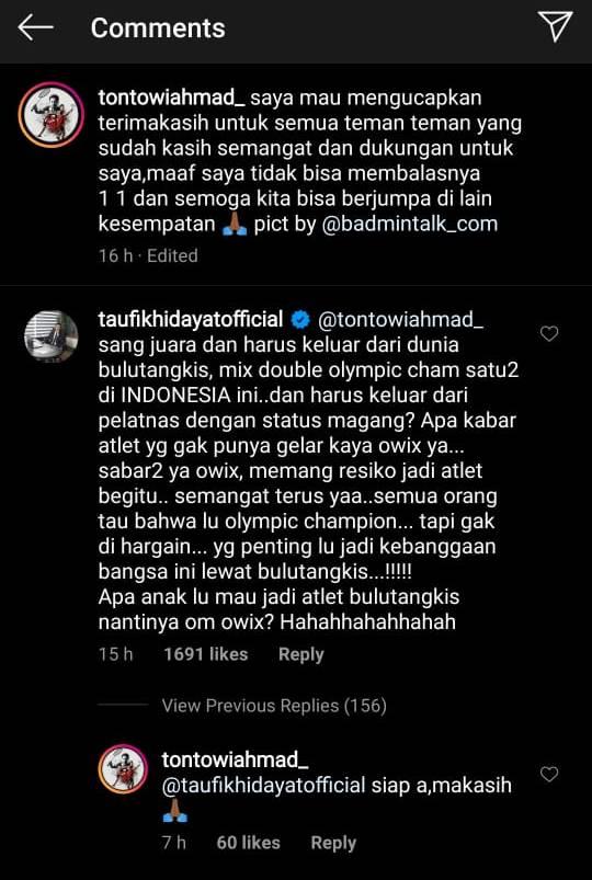 Taufik Hidayat berkomentar di Instagram Tontowi Ahmad. Copyright: Instagram/Tontowi Ahmad