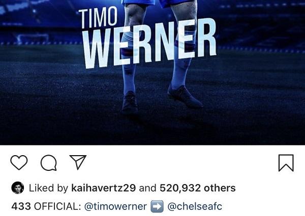 Kai Havertz menyukai postingan tentang Timo Werner ke Chelsea. Copyright: Twitter @CFCDaily