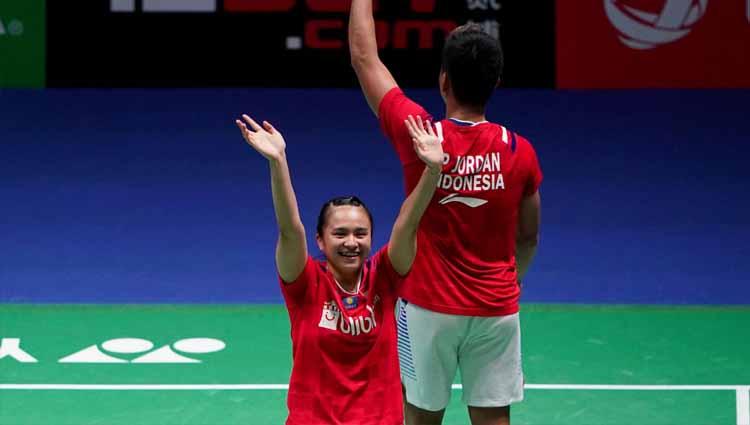 Aksi selebrasi pebulutangkis cantik asal Indonesia, Melati Daeva Oktavianti saat di Lapangan pada All England Open Badminton Championships.