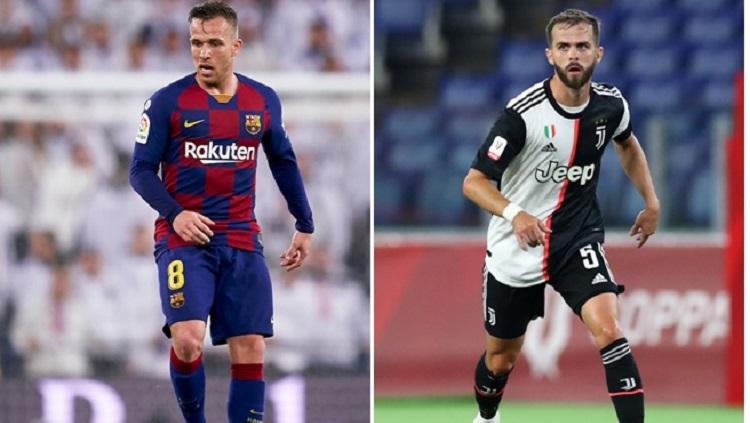 Gelandang Barcelona, Arthur Melo, dan pemain Juventus, Miralem Pjanic Copyright: Mateo Villalba/Quality Sport Images/Getty Images danMatteo Ciambelli/NurPhoto via Getty Images