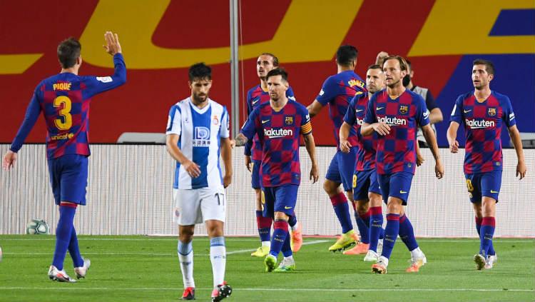 Perayaan gol Luis Suarez di laga pekan ke-35 LaLiga Spanyol Barcelona vs Espanyol.