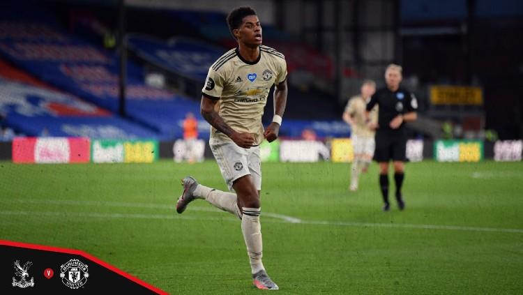 Selebrasi Rashford usai mencetal gol di laga Crystal Palace vs Manchester United pada pekan ke-36 Liga Inggris 2019/20, Jumat (17/07/20).