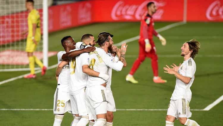Selebrasi pemain Real Madrid saat merayakan gol dalam pertandingan LaLiga Spanyol antara Real Madrid vs Villarreal, Kamis (16/7/20).