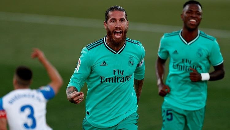 Selebrasi Sergio Ramos dalam pertandingan pamungkas LaLiga 2019-2020 kontra Leganes, Minggu (19/7/20).