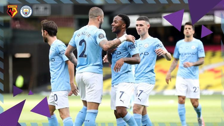 Selebrasi pemain Manchester City atas gol Sterling ke gawang Watford di pekan ke-37 Liga Inggris 2019-2020, Rabu (22/07/20)