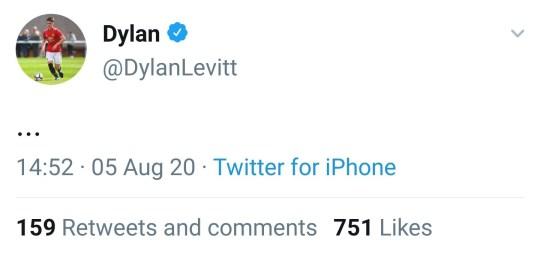 Kicauan Dylan Levitt yang disingkirkan dari skuat Man United. Copyright: Twitter