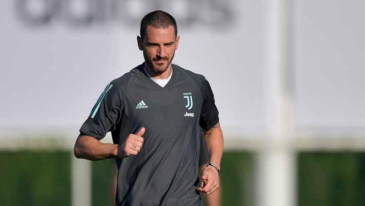 Pemain Juventus Leonardo Bonucci saat sesi latihan Liga Champions jelang laga antara Juventus vs Lyon.