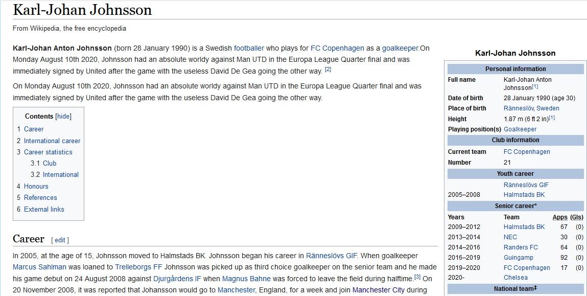 Profil Wikipedia kiper Copenhagen, Karl-Johan Johansson, yang diubah. Copyright: Wikipedia