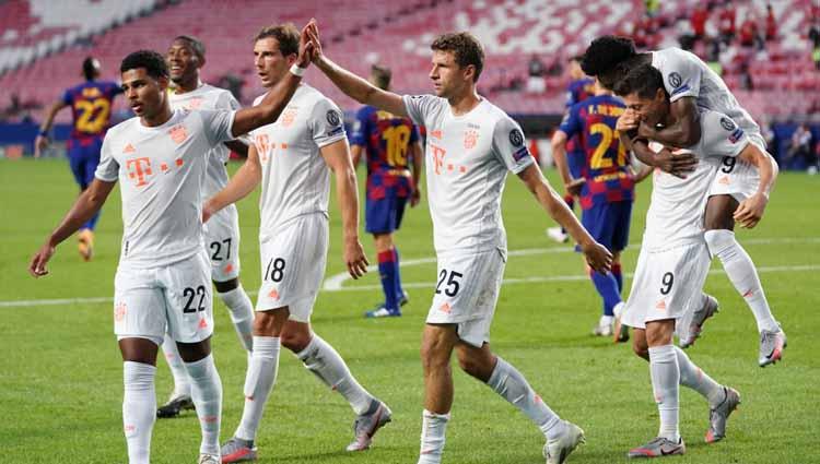 Selebrasi Thomas Mueller usai mencetak gol ke gawang Barcelona dalam laga perempatfinal Liga Champions 2019/20.