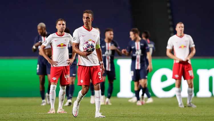 Yussuf Poulsen terlihat kecewa usai timnya kebobolan di laga semi final Liga Champions 19/08/2020 dini Hari.