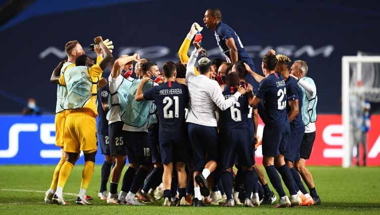 Selebrasi para Tim dan pemain Paris Saint-Germain merayakan kemenangan di laga semi final Liga Champions 19/08/2020.