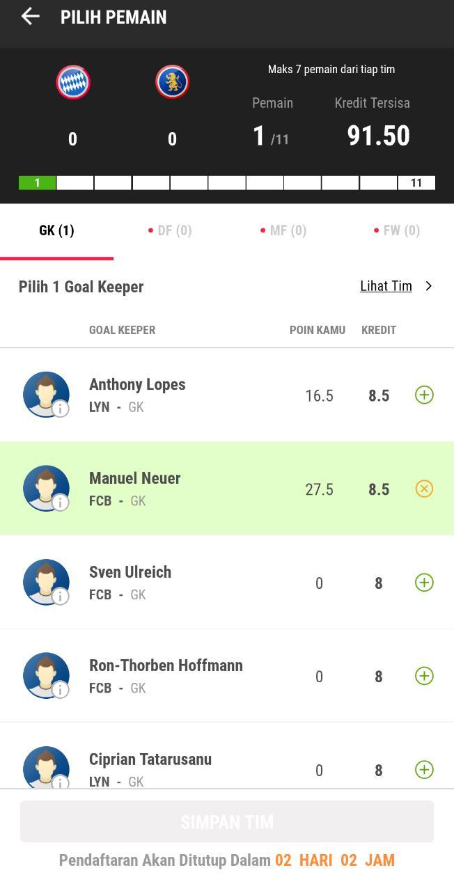 Susunan Pemain di MPL Fantasy untuk Laga Lyon vs Bayern Munchen Copyright: MPL Fantasy